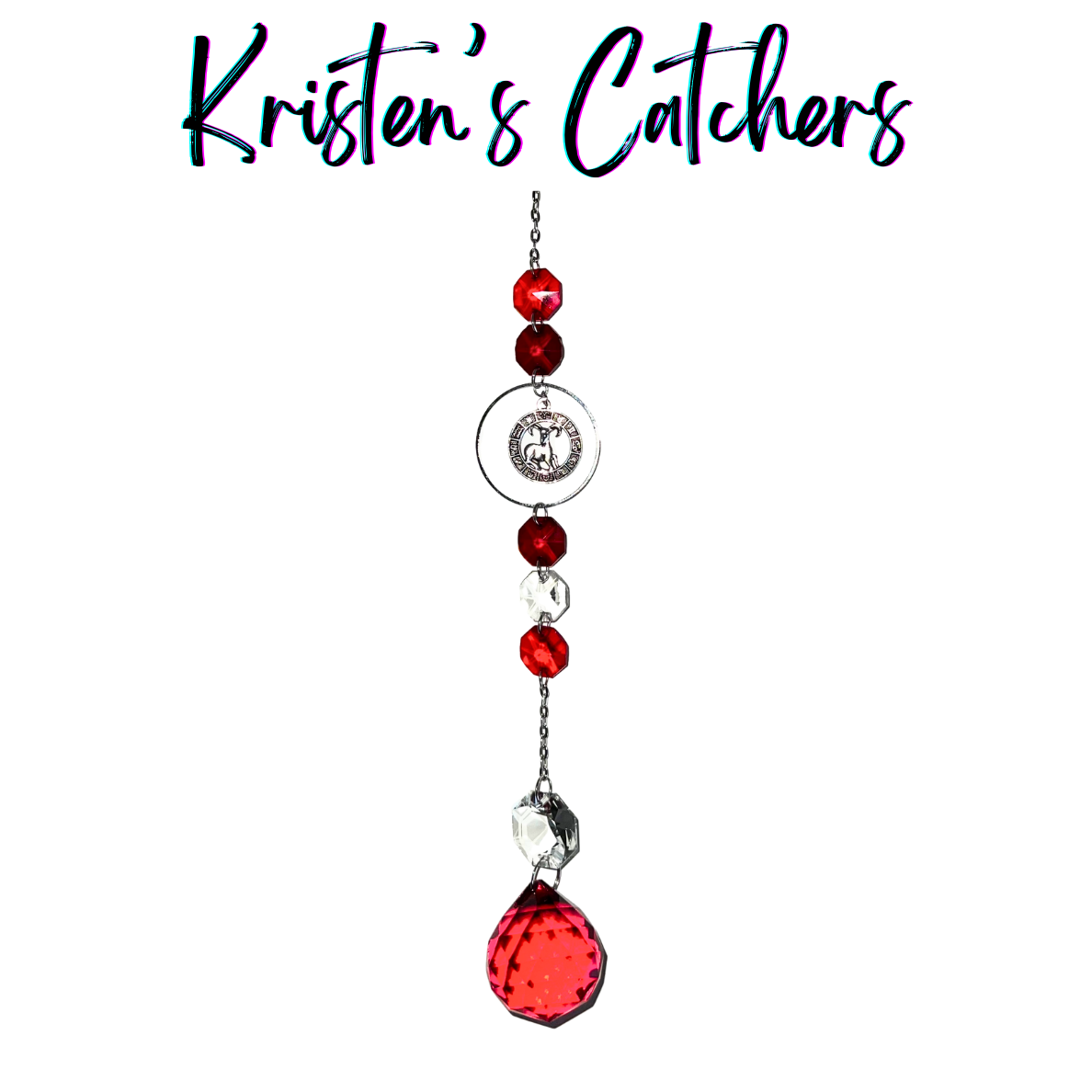 Silver Aries sun catcher with red crystal accents and clear prisms creating dancing light patterns