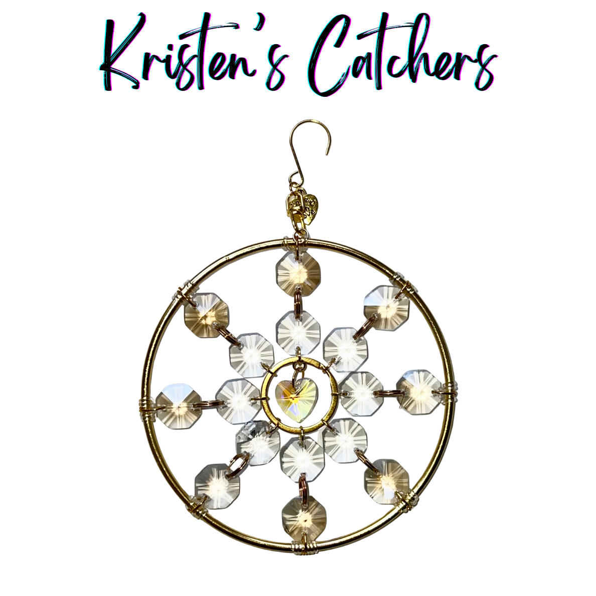 Enchanting Heart Ornamental Sun Catcher - 4-inch gold-framed prism art piece with heart charm