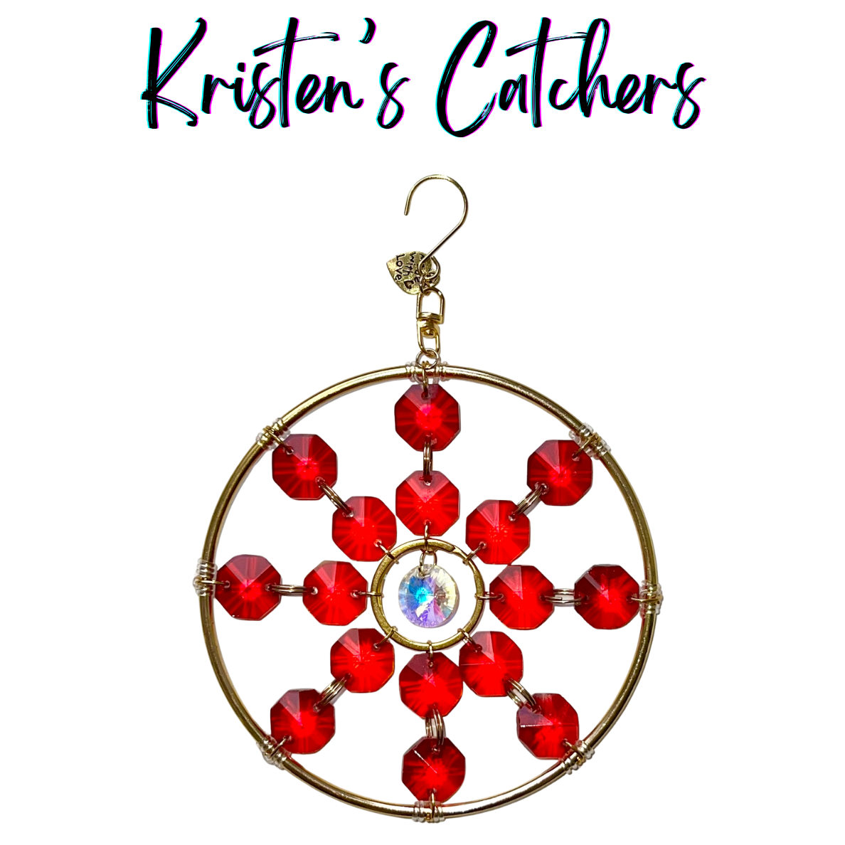 Ruby Bloom Ornamental Sun Catcher - 4-inch gold-framed prism art piece with iridescent center