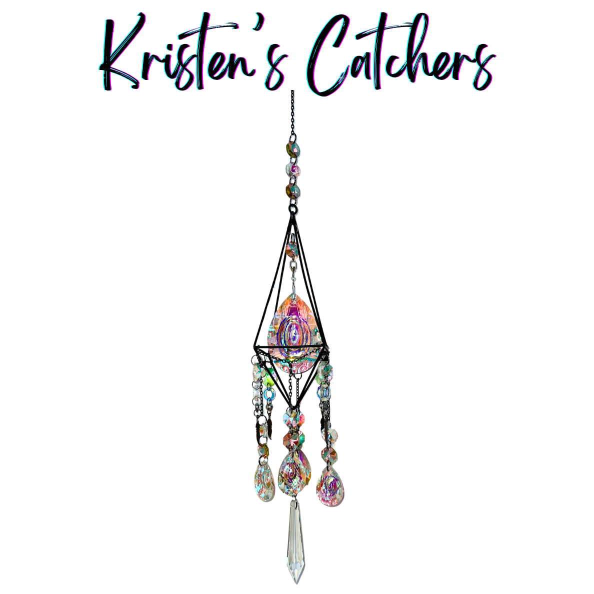 3D Geometric Cage Sun Catcher - Gunmetal frame with iridescent crystals and feather accents