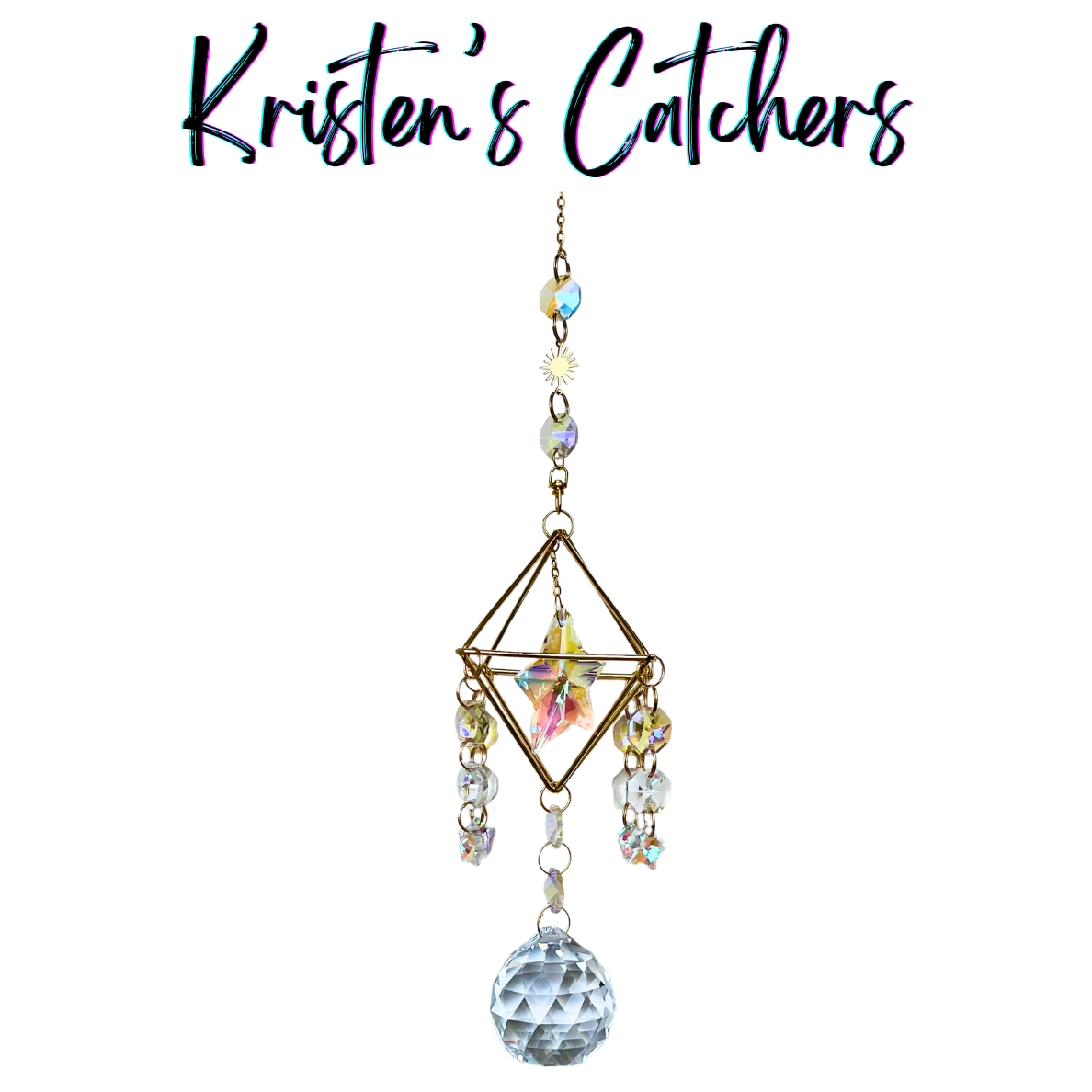 Starlight Geometric 3D Sun Catcher - Gold frame with star charms and crystal ball pendant