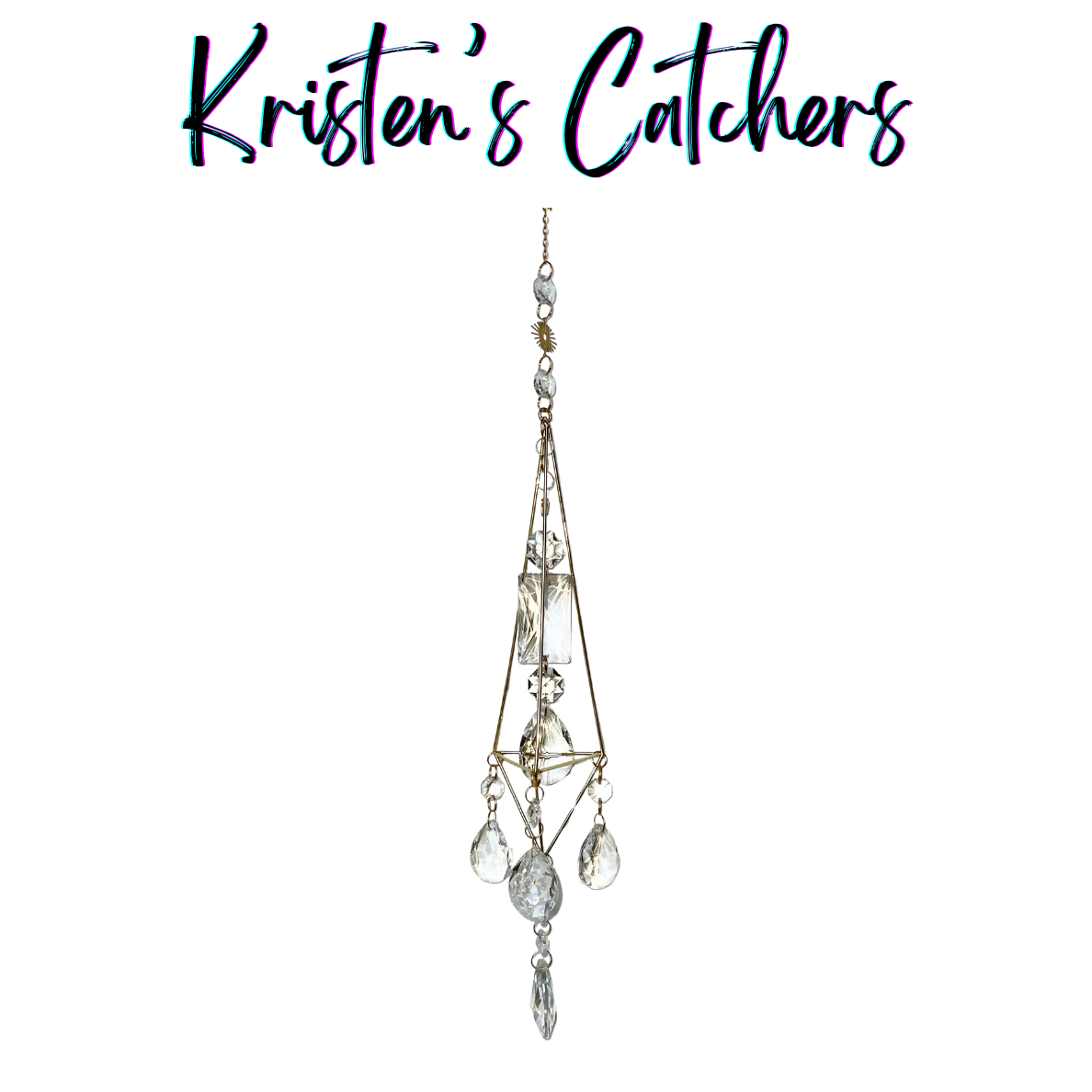 Modern Tower 3D Geometric Sun Catcher - Gold frame with clear crystal drops