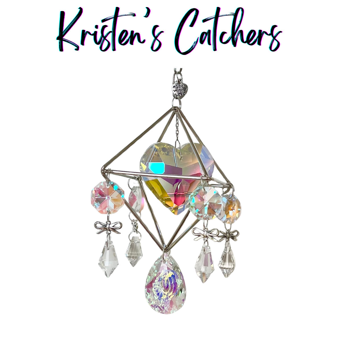 Elegant Bows Desk Sun Catcher - Silver geometric frame with bow charms and display stand