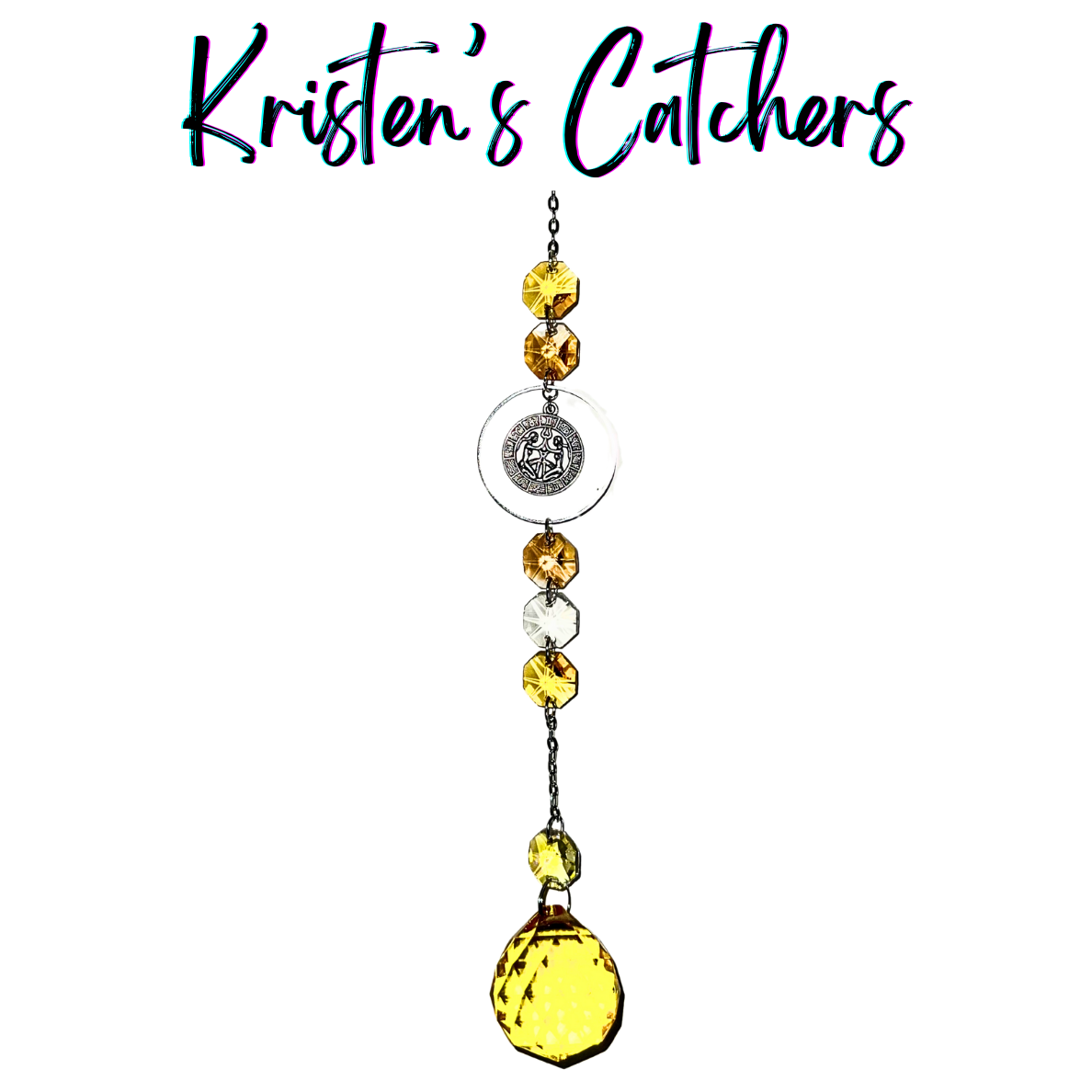 Silver Gemini sun catcher with amber crystal accents and clear prisms creating dancing light patterns