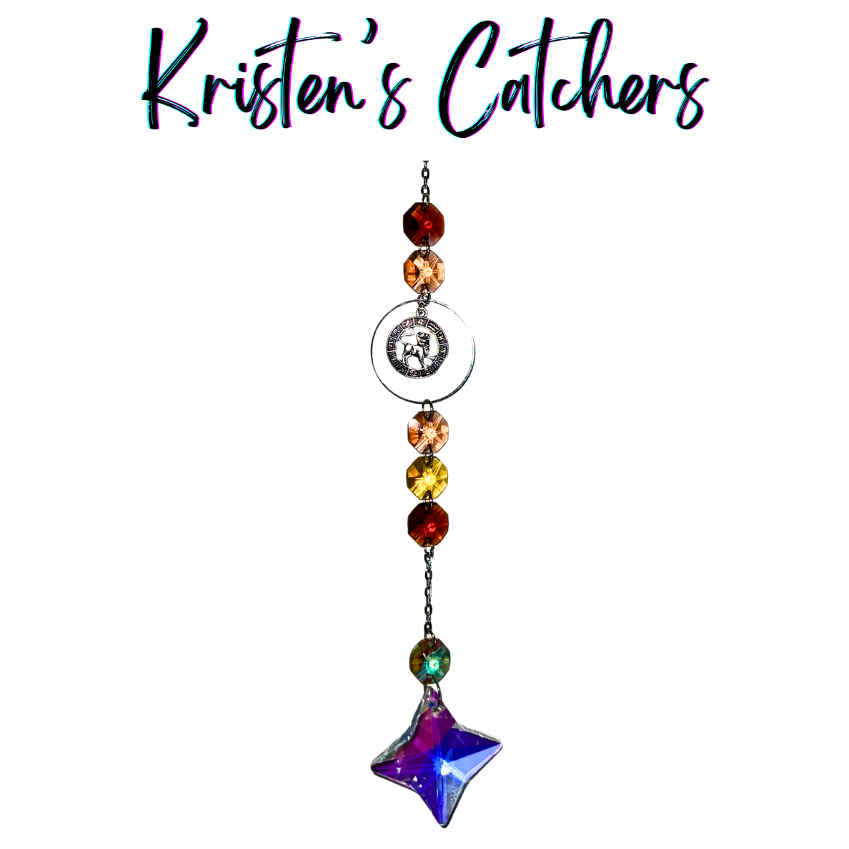 Gold Leo sun catcher with amber crystals and iridescent star crystal creating dramatic light patterns