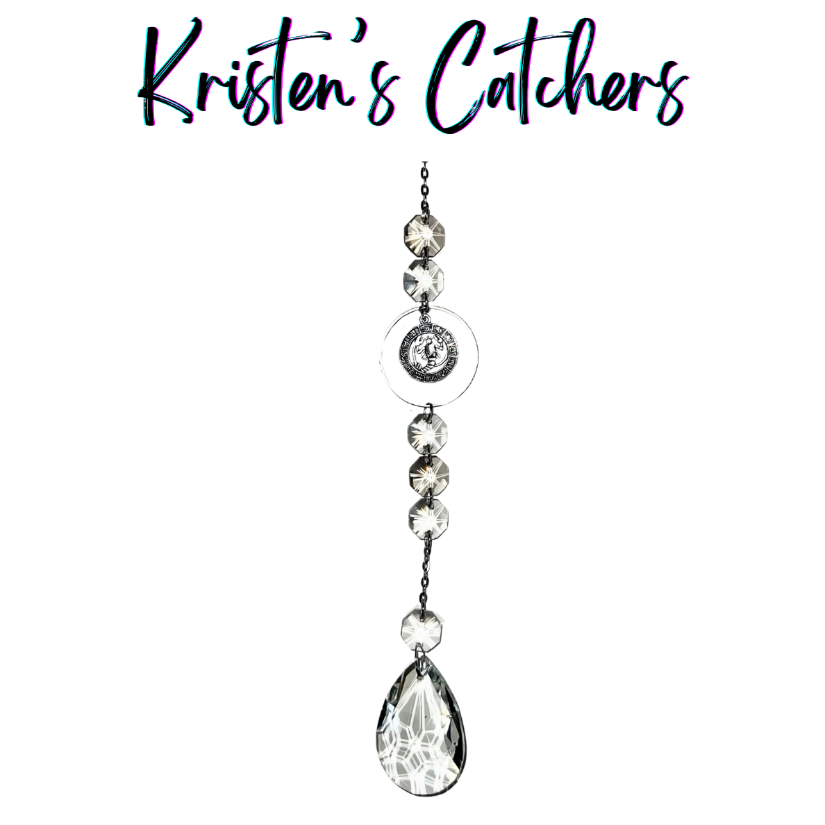 Silver Cancer sun catcher with clear crystals and teardrop prism creating ethereal light patterns