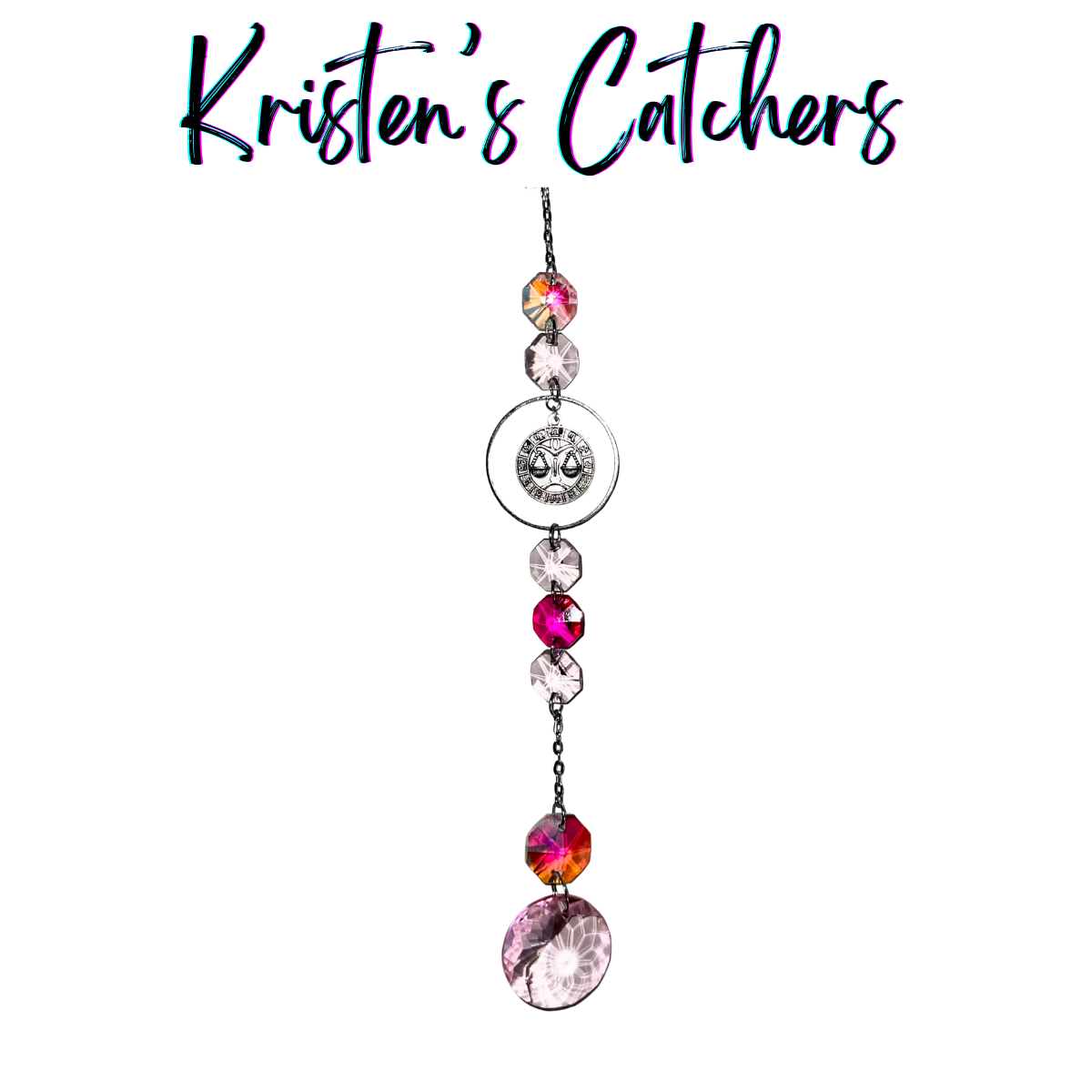 Silver Libra sun catcher with pink crystals and zodiac medallion