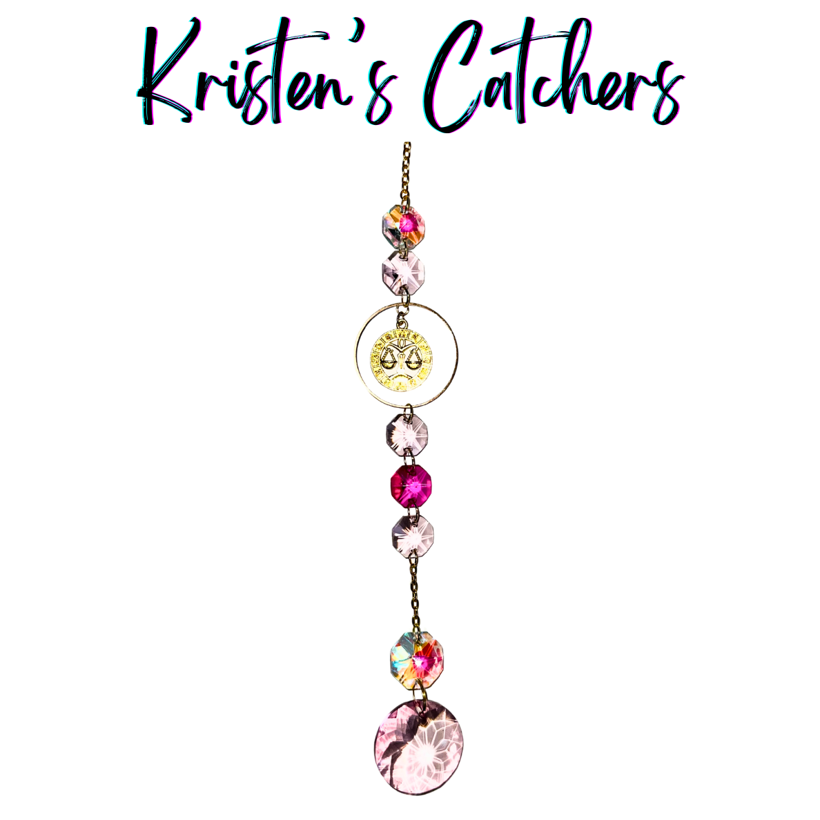 Gold Libra sun catcher with pink crystals and zodiac medallion