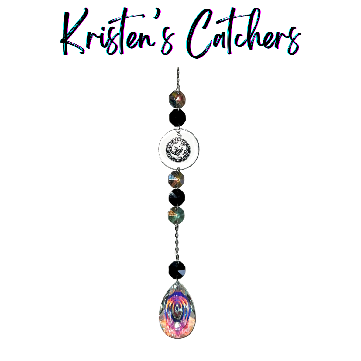 Silver Scorpio sun catcher with black crystals and iridescent teardrop