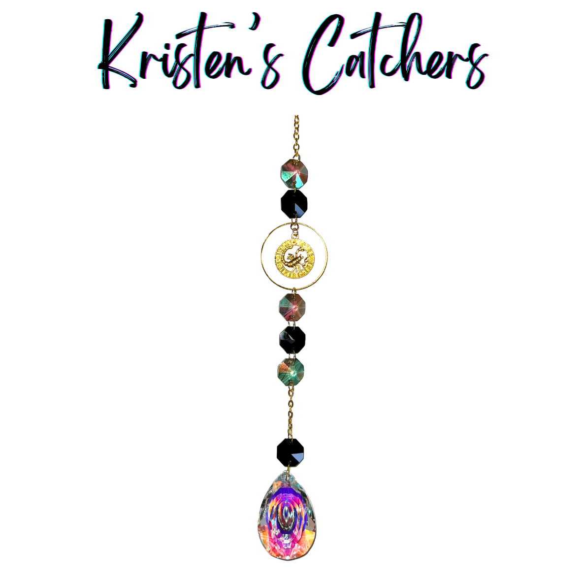 Gold Scorpio sun catcher with black crystals and iridescent teardrop