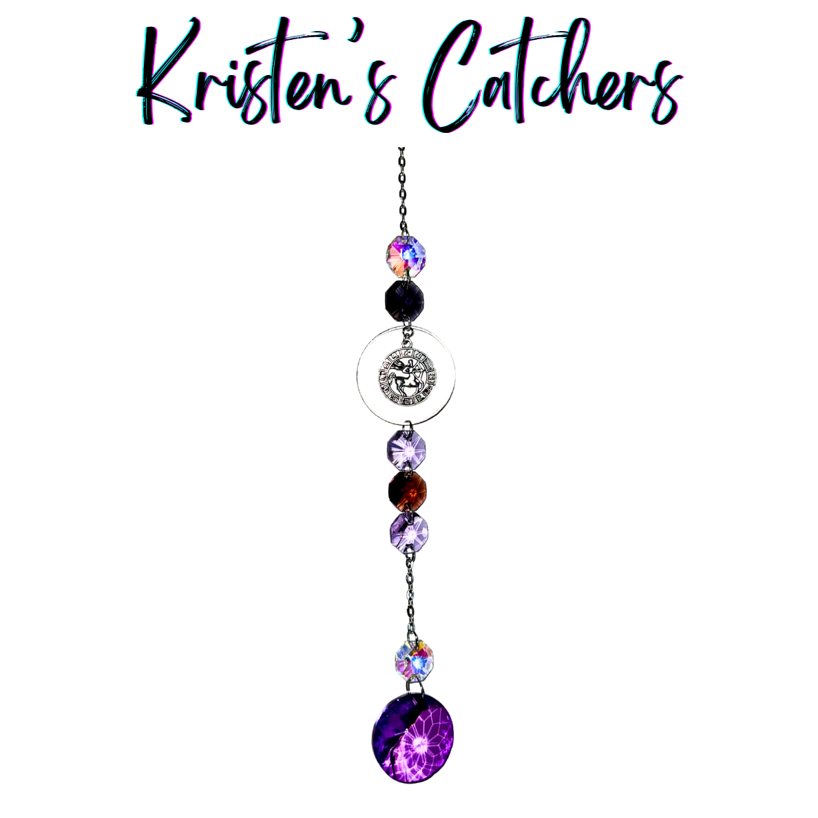 Silver Sagittarius sun catcher with violet and amber crystals