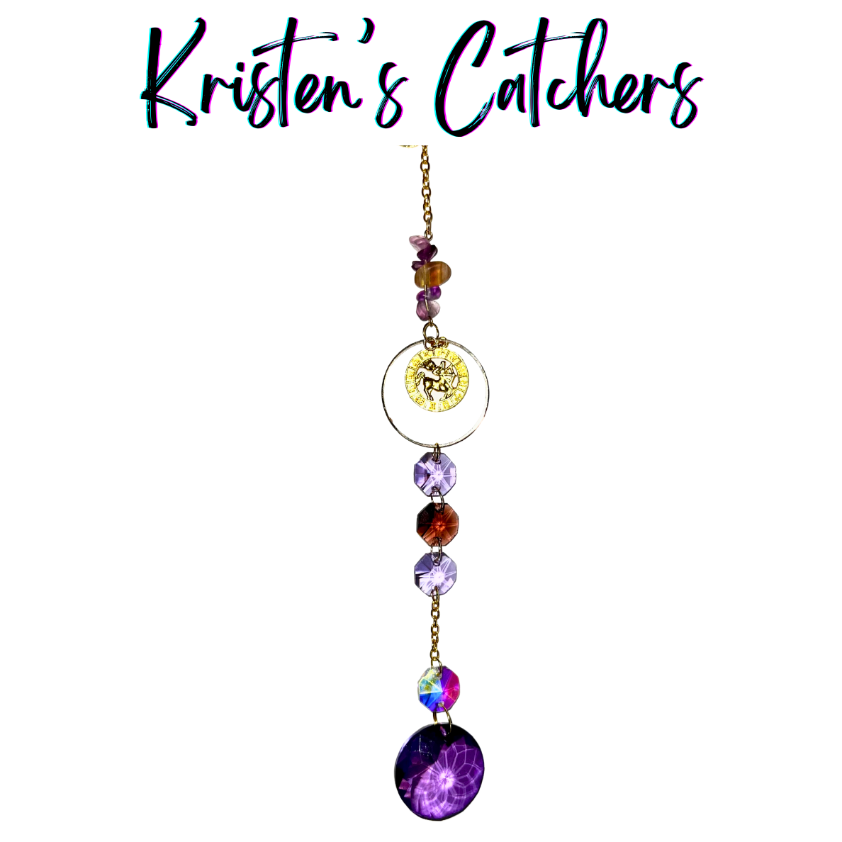 Gold Sagittarius sun catcher with violet crystals and raw amethyst