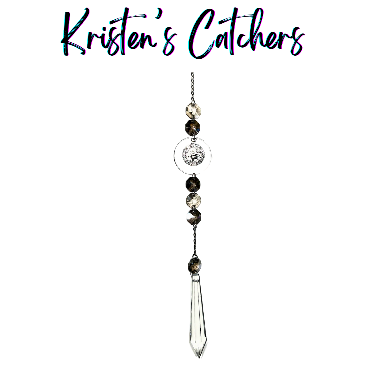 Silver Capricorn sun catcher with smoky crystals and clear point finale