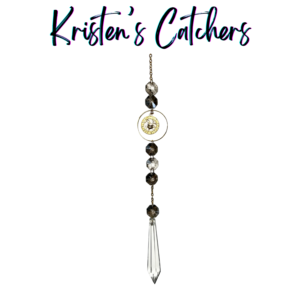 Gold Capricorn sun catcher with smoky crystals and clear point finale
