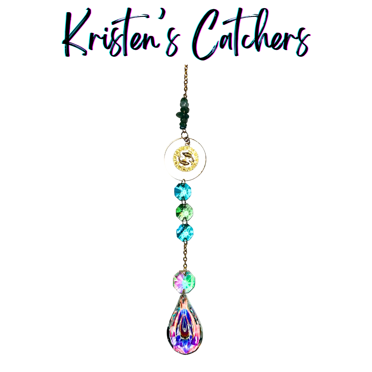 Gold Aquarius sun catcher with emerald stones and aqua crystals