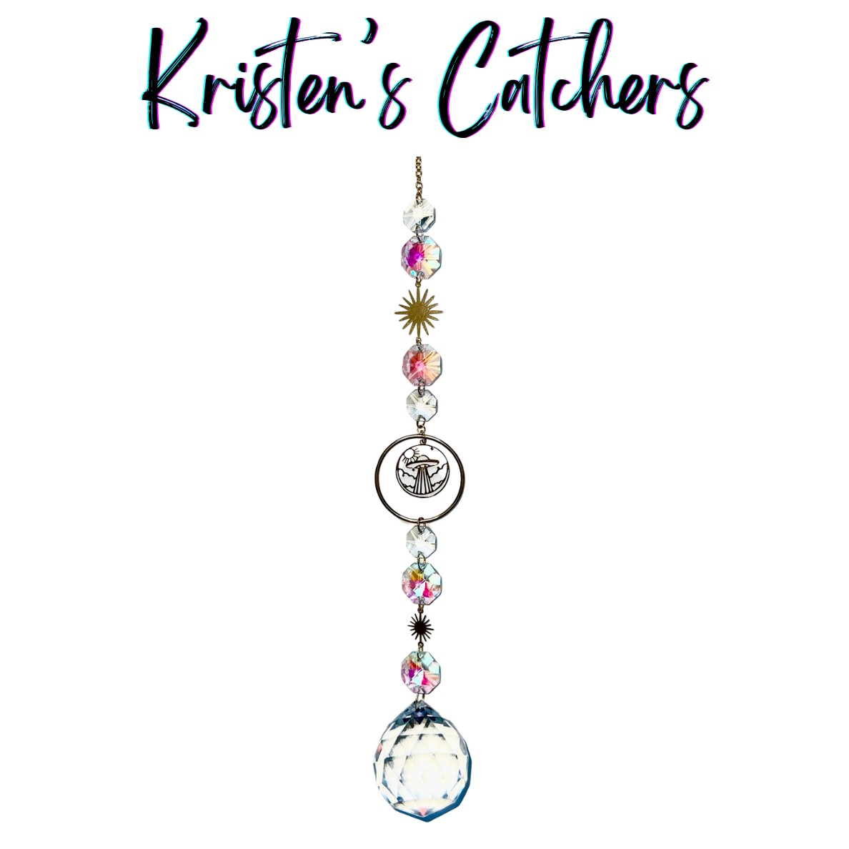 Cosmic Alien Encounter Sun Catcher with UFO design, octagonal prisms, and starburst accents hanging against white background