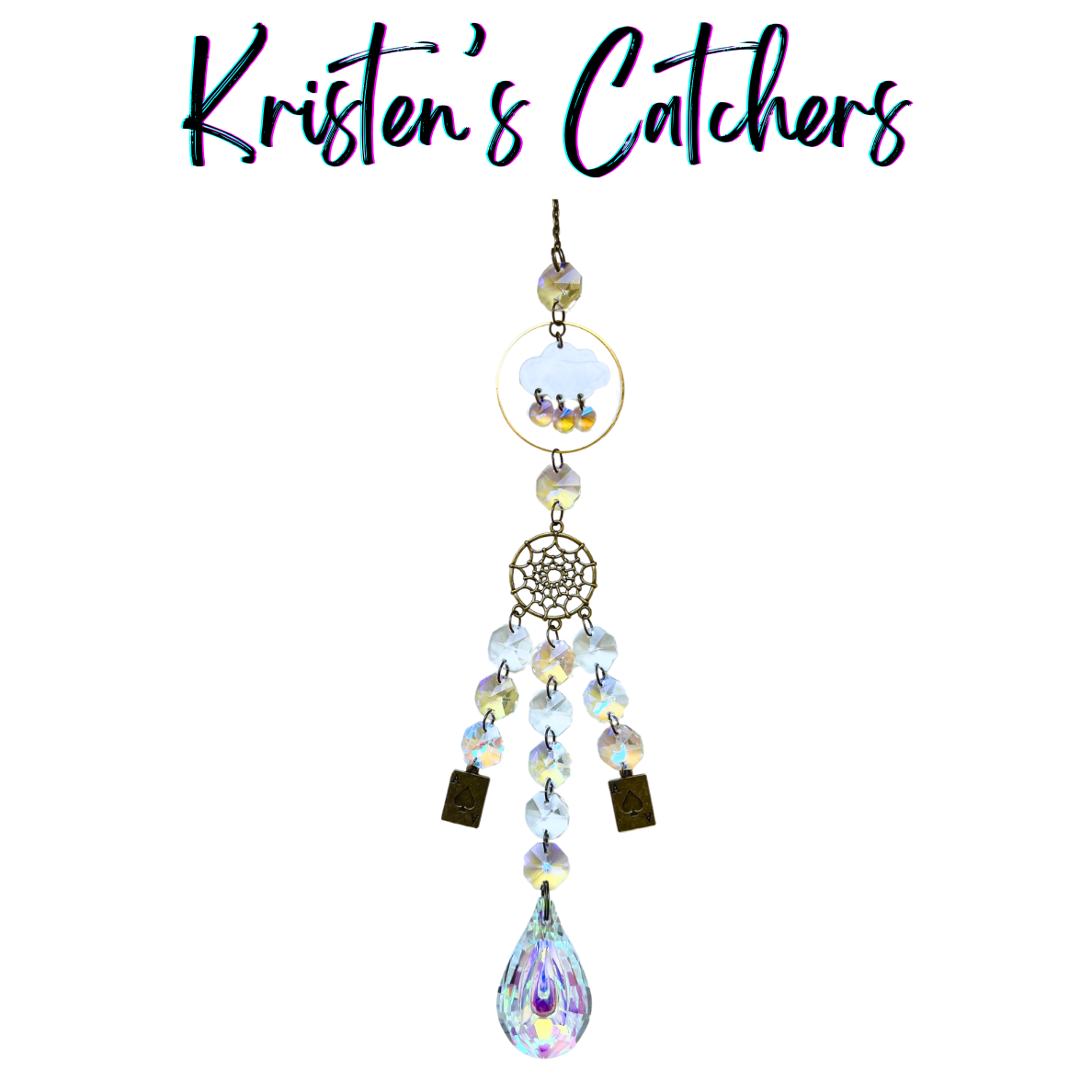 May The Odds Be In Your Favor Sun Catcher with bronze Ace of Spades card charms, dreamcatcher element, and iridescent crystal prisms hanging against white background