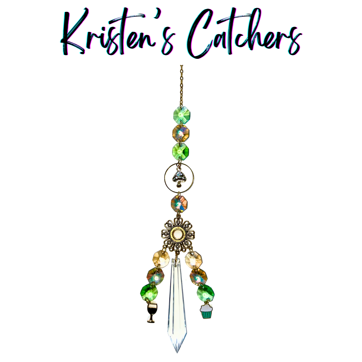 Festive Garden Party Sun Catcher with mushroom, wine glass, and cupcake charms, green and amber octagonal prisms, and crystal point pendant hanging against white background