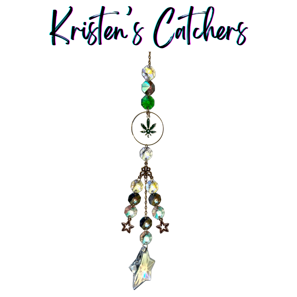 High As The Stars Sun Catcher with cannabis leaf medallion, bronze star charms, and crystal star pendant hanging against white background