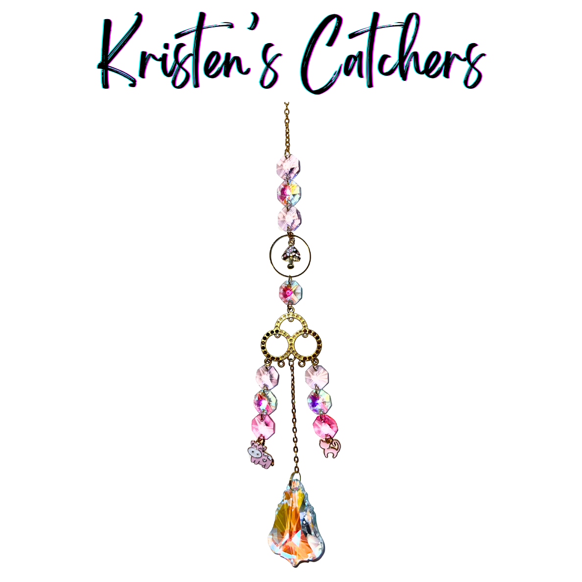 Pastel Dreams Sun Catcher with pink octagonal prisms, woodland mushroom and animal charms, and baroque crystal pendant hanging against white background