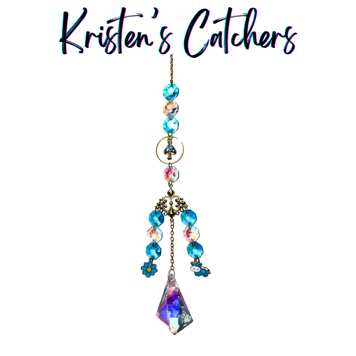 Blue Moo Meadow Sun Catcher with blue cow charm, flower accent, azure octagonal prisms, and multi-faceted crystal pendant hanging against white background