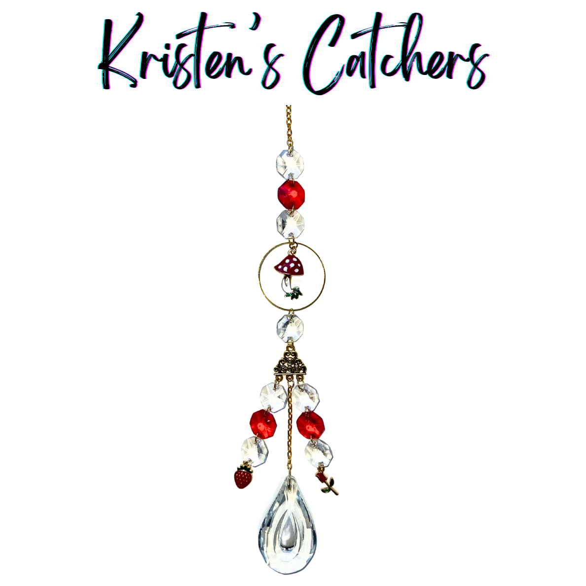 Woodland Berry Delight Sun Catcher with spotted mushroom, rose, and strawberry charms, red and clear octagonal prisms, and teardrop crystal pendant hanging against white background