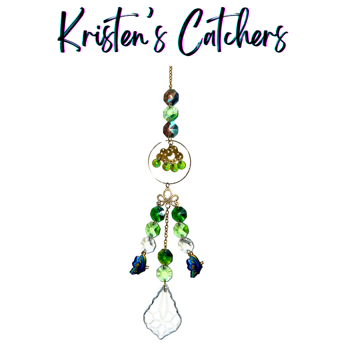 Butterfly Rain Garden Sun Catcher with blue butterfly charms, green octagonal prisms, gold cloud accent, and crystal raindrop pendant hanging against white background