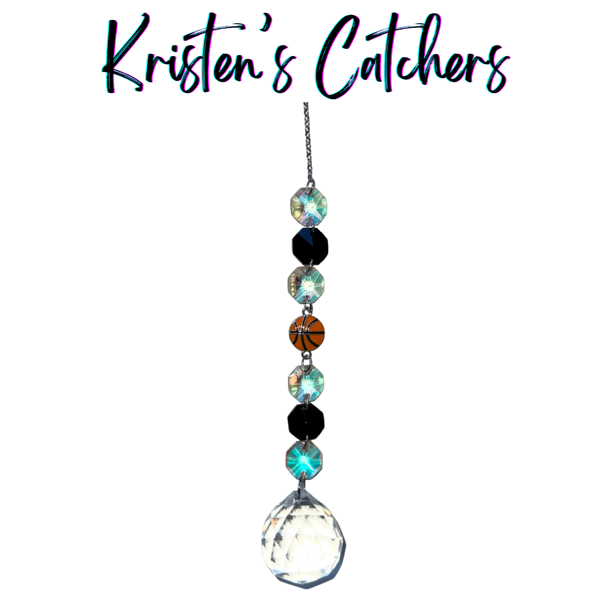 Basketball Fan Spotlight Sun Catcher with basketball charm, iridescent and black octagonal prisms, and crystal ball pendant hanging against white background