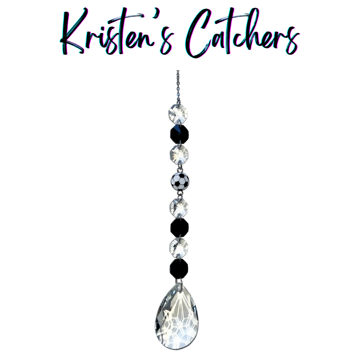 Soccer Fan Victory Sun Catcher with soccer ball charm, black and crystal octagonal prisms, and teardrop crystal pendant hanging against white background
