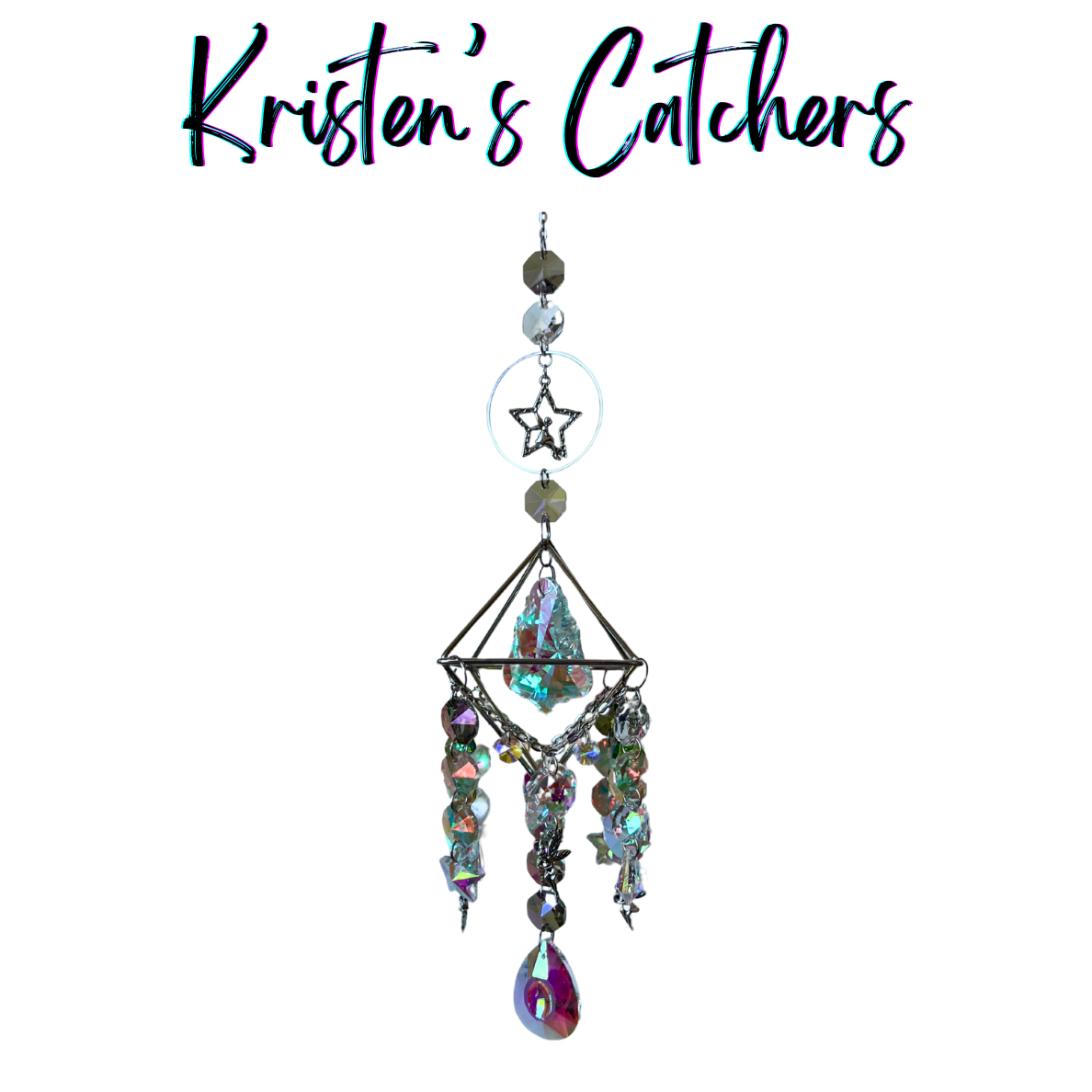 Celestial Fairy Dreams 3D Geometric Sun Catcher with silver pyramid frame, fairy charms, star accent, and iridescent crystal prisms hanging against white background