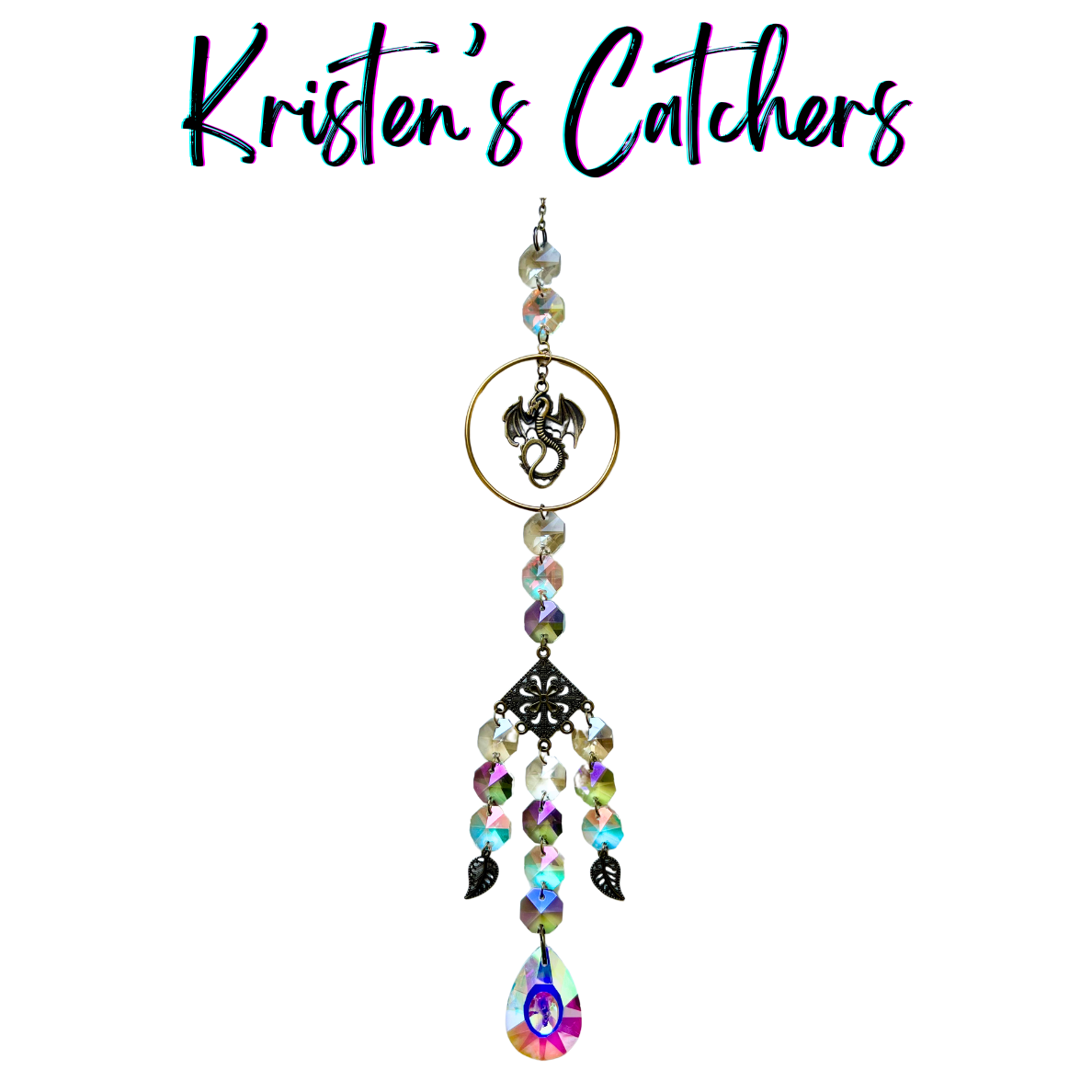 Dragon Guardian Sun Catcher with silver dragon charm in gold hoop, leaf accents, and iridescent crystal prisms hanging against white background