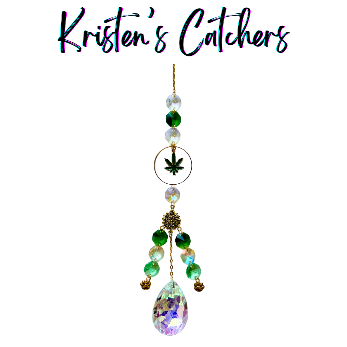 Pet-Friendly Cannabis Sun Catcher with cannabis leaf medallion, golden paw print charms, emerald green and crystal prisms hanging against white background