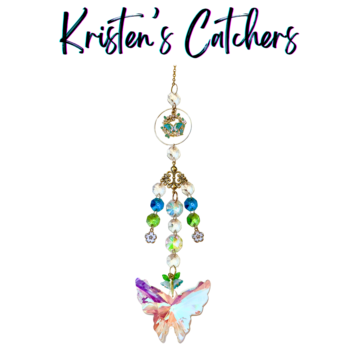 Radiant Butterfly Garden Sun Catcher with large iridescent butterfly crystal centerpiece and multi-strand blue and green crystal arrangement