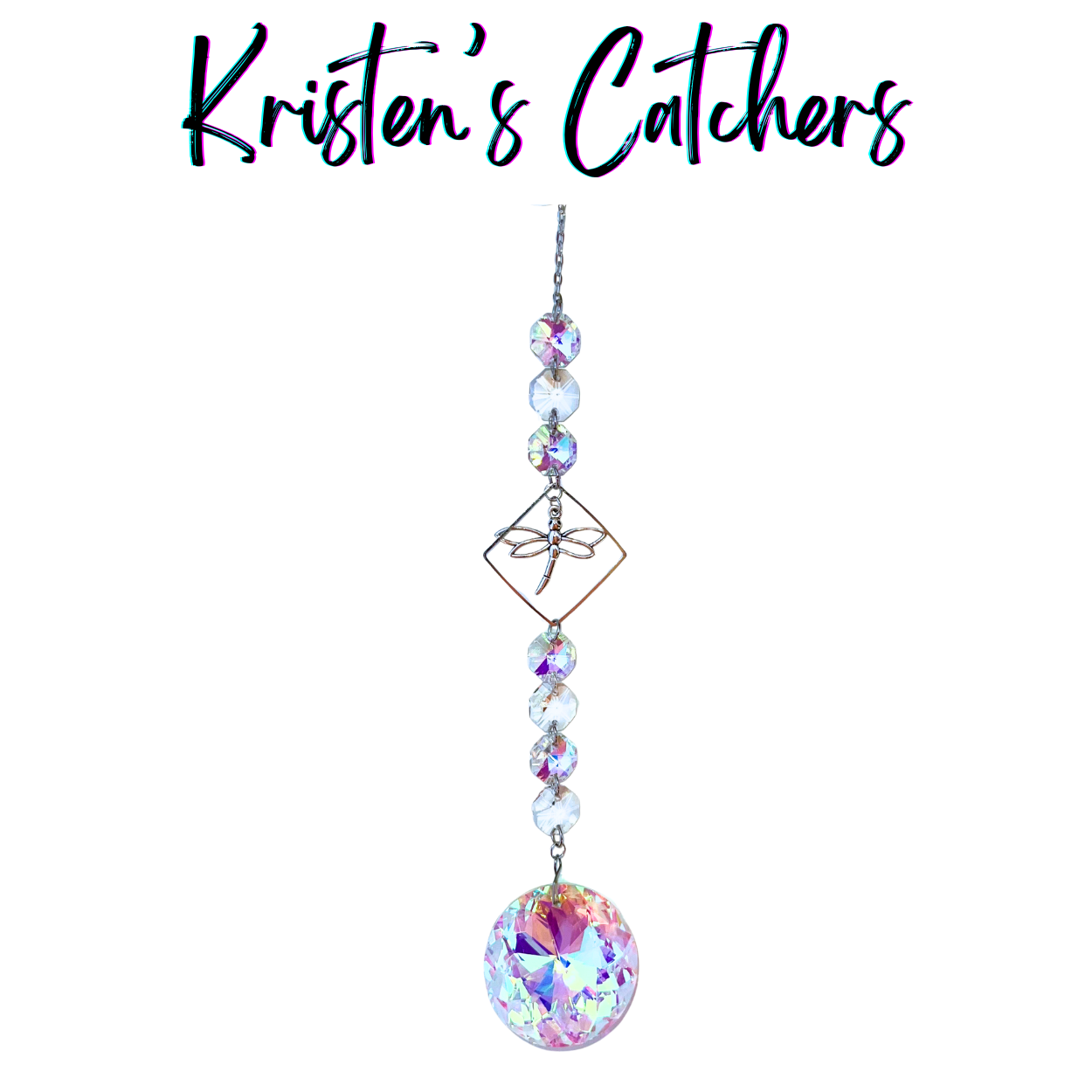 Graceful Dragonfly Cascade Sun Catcher with dragonfly charm in diamond frame and large iridescent crystal pendant
