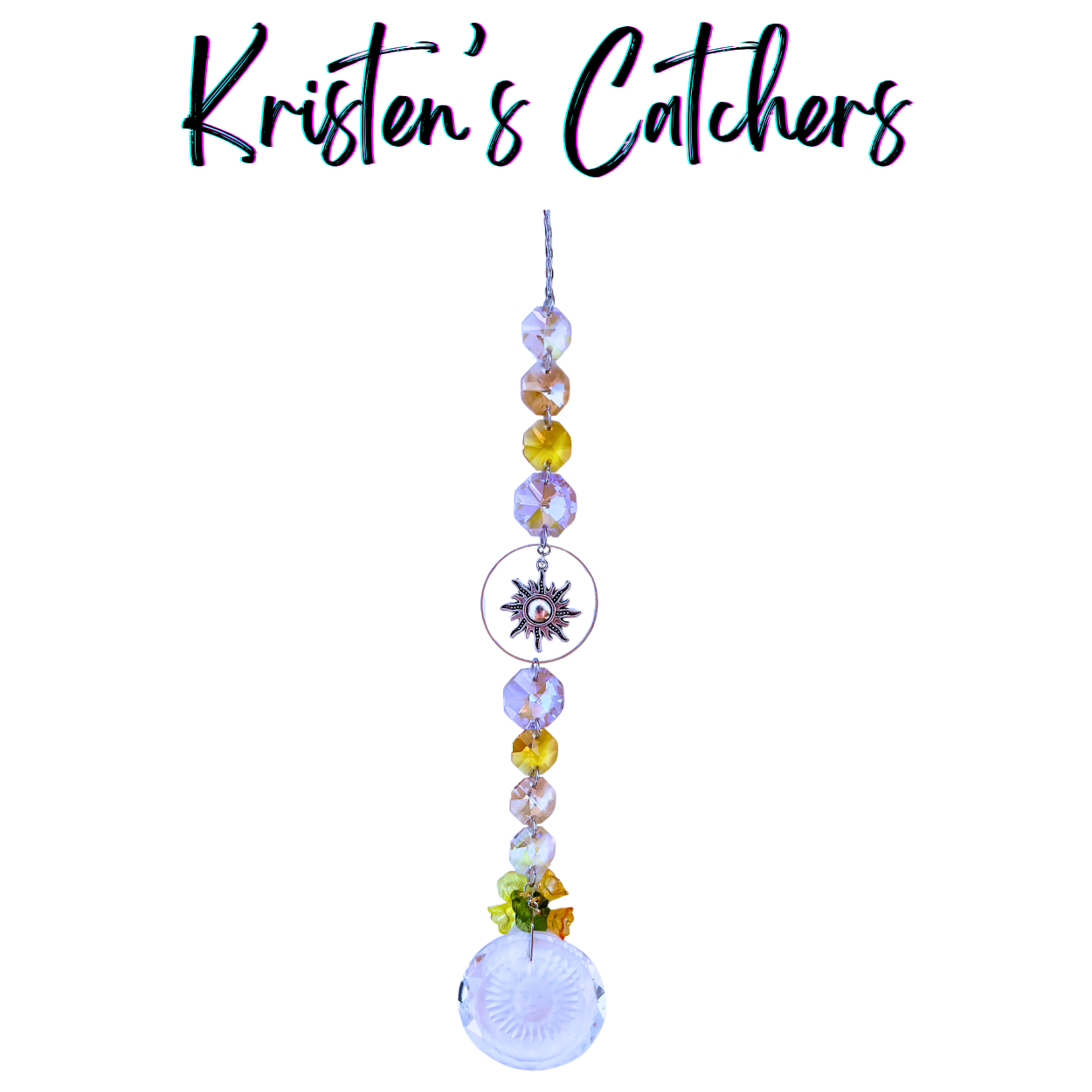 Golden Sunburst Tribute Sun Catcher with sunburst charm centerpiece and warm yellow-amber crystal cascade ending in textured crystal