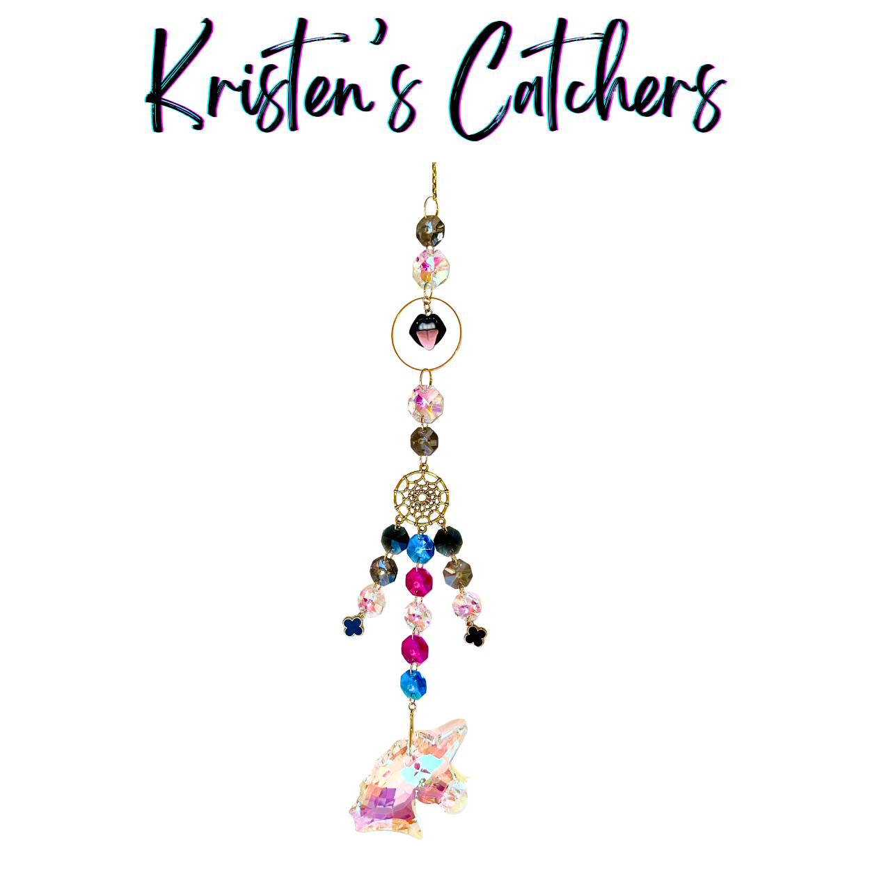 Whimsical Gothic Unicorn Sun Catcher with large black unicorn charm, gold dreamcatcher element, and multi-strand dark crystal cascade