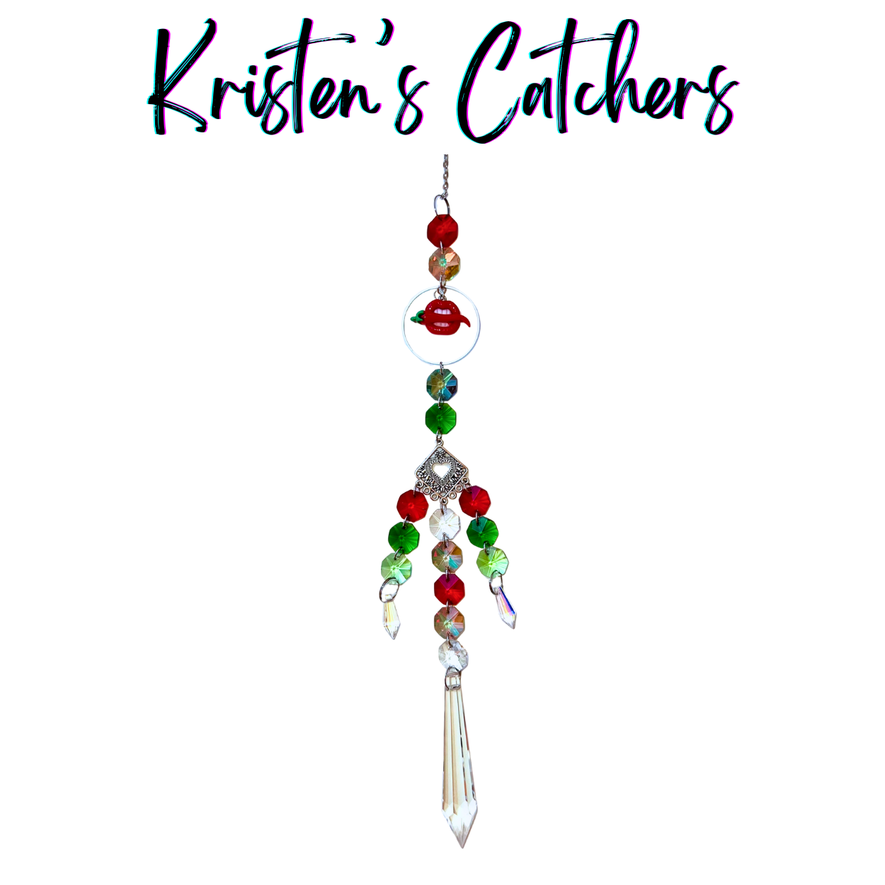 Muy Caliente Spicy Lips Sun Catcher with red lips and chili pepper charm surrounded by fiery red and green crystal cascade