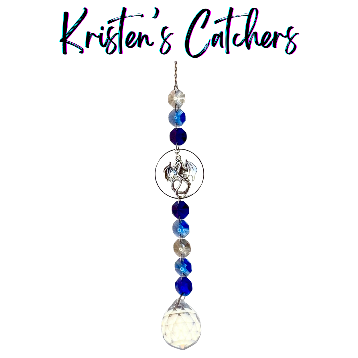 Majestic Blue Dragon Guardian Sun Catcher with silver dragon charm centerpiece and blue gradient crystal cascade ending in large faceted crystal