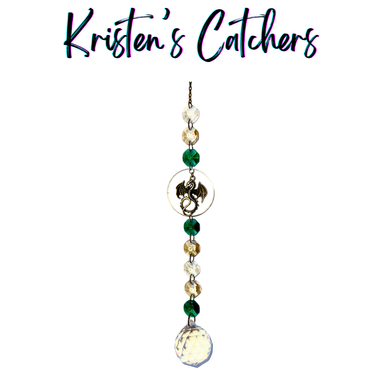 Emerald Forest Dragon Sun Catcher with bronze dragon charm centerpiece and green gradient crystal cascade ending in large faceted crystal