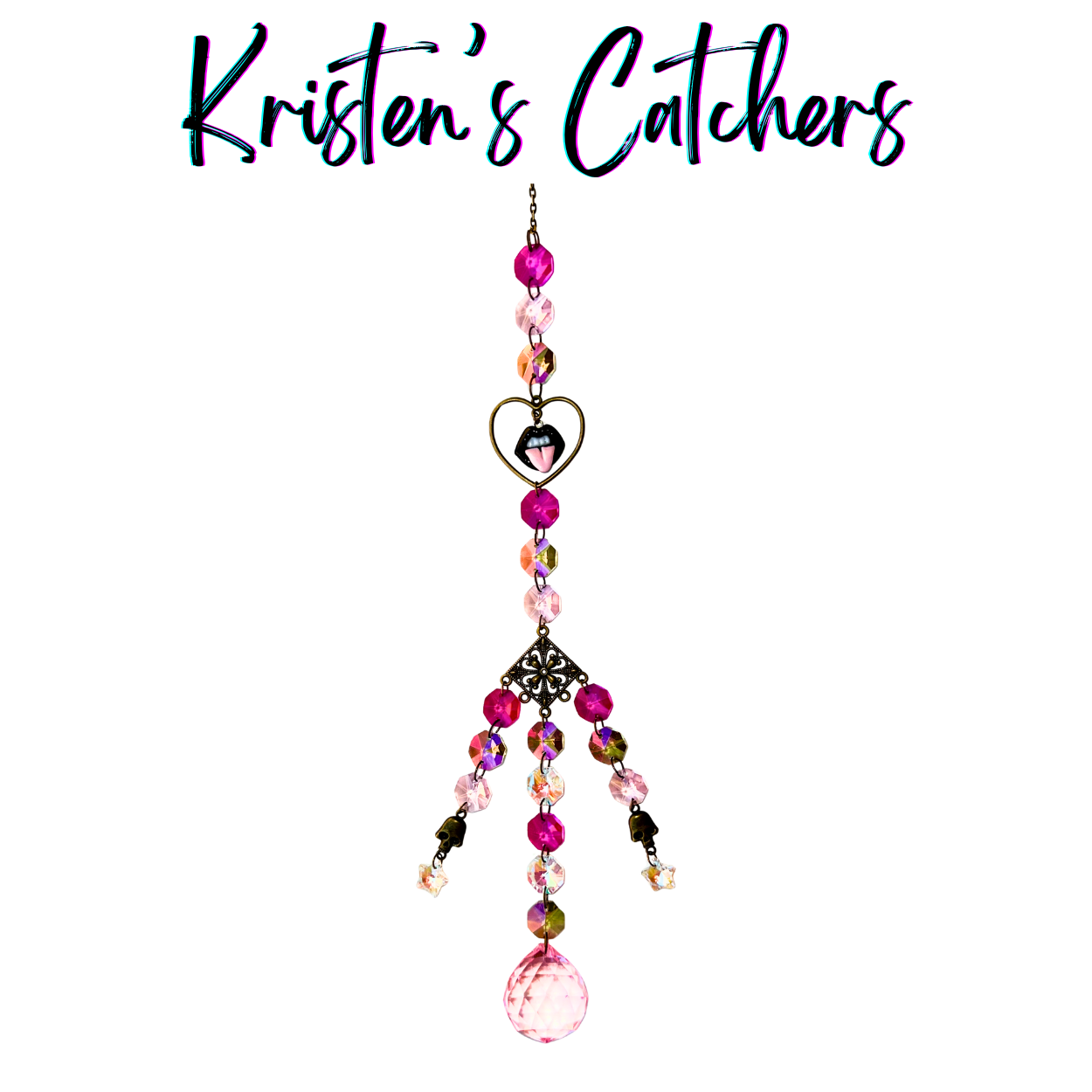 Gothic Romance Skull Kiss Sun Catcher with black lips in bronze heart frame, filigree details, and pink gradient crystal cascade