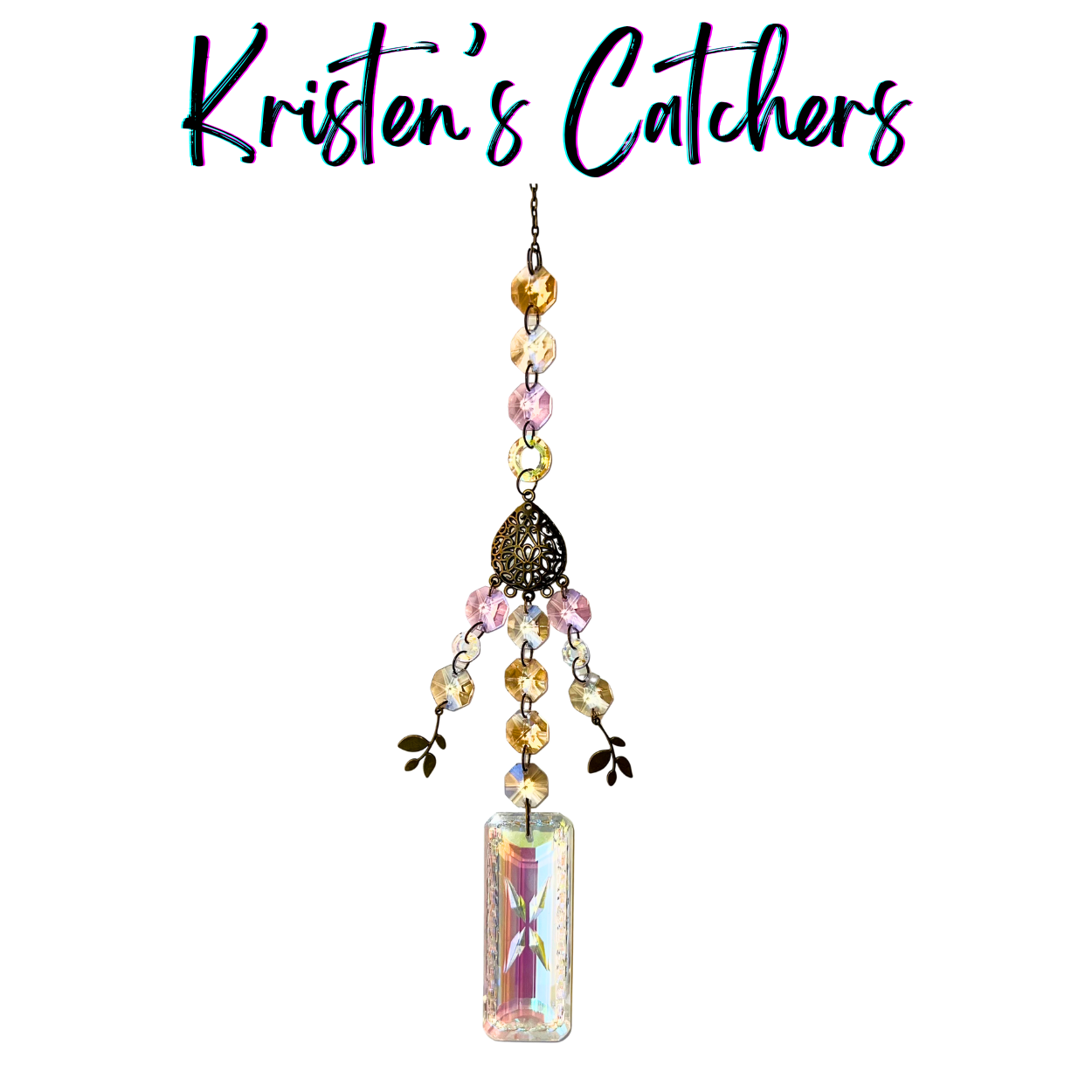 Rose Garden Prism Elegance Sun Catcher with large etched rectangular prism centerpiece and bronze filigree with pink-champagne crystal cascade