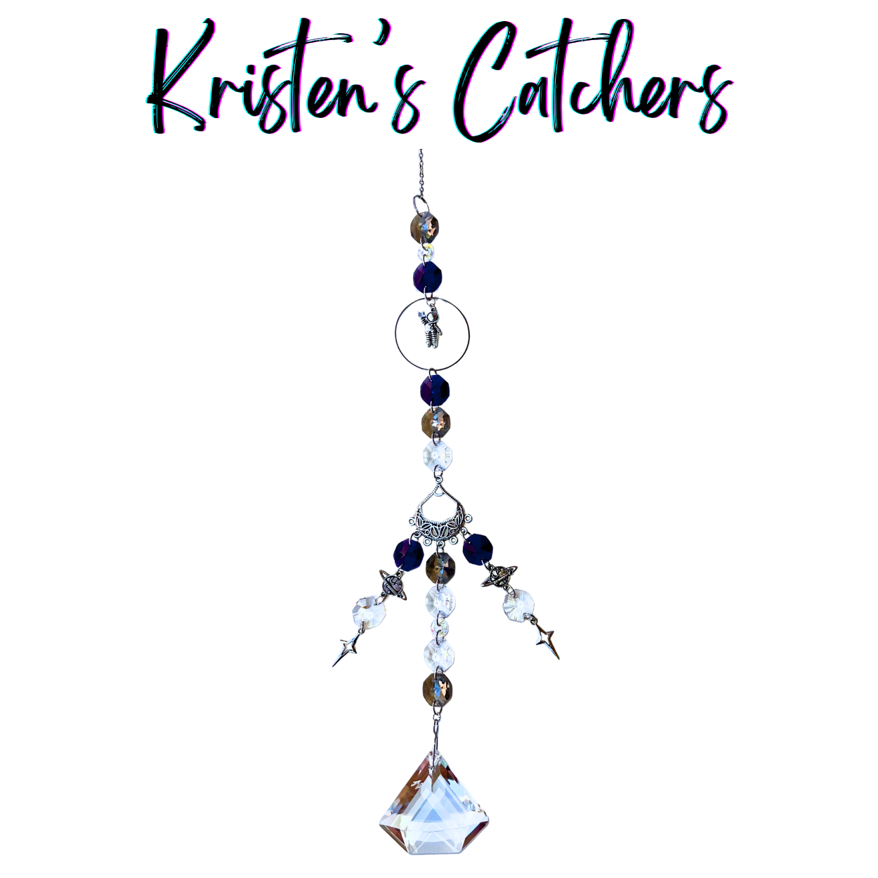 Cosmic Astronaut Voyage Sun Catcher with silver astronaut charm centerpiece and deep blue-silver crystal cascade ending in geometric prism