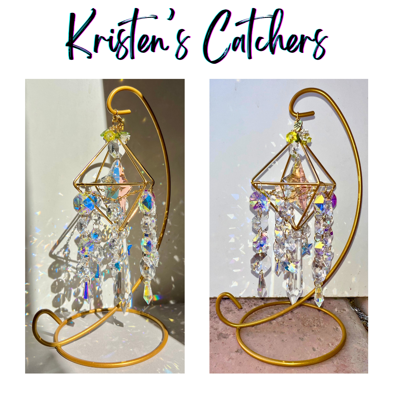 Stellar Desk Star Catcher with geometric gold frame, star crystal centerpiece, and included golden stand for versatile placement