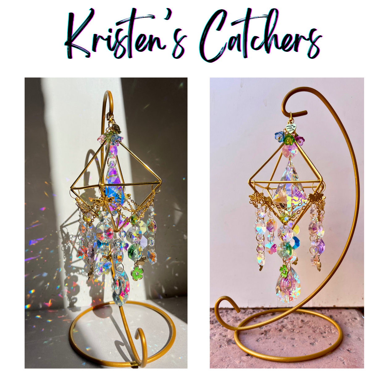 Blooming Garden Desk Catcher with geometric gold frame featuring four flower crystals in green, purple, blue, and pink with included stand