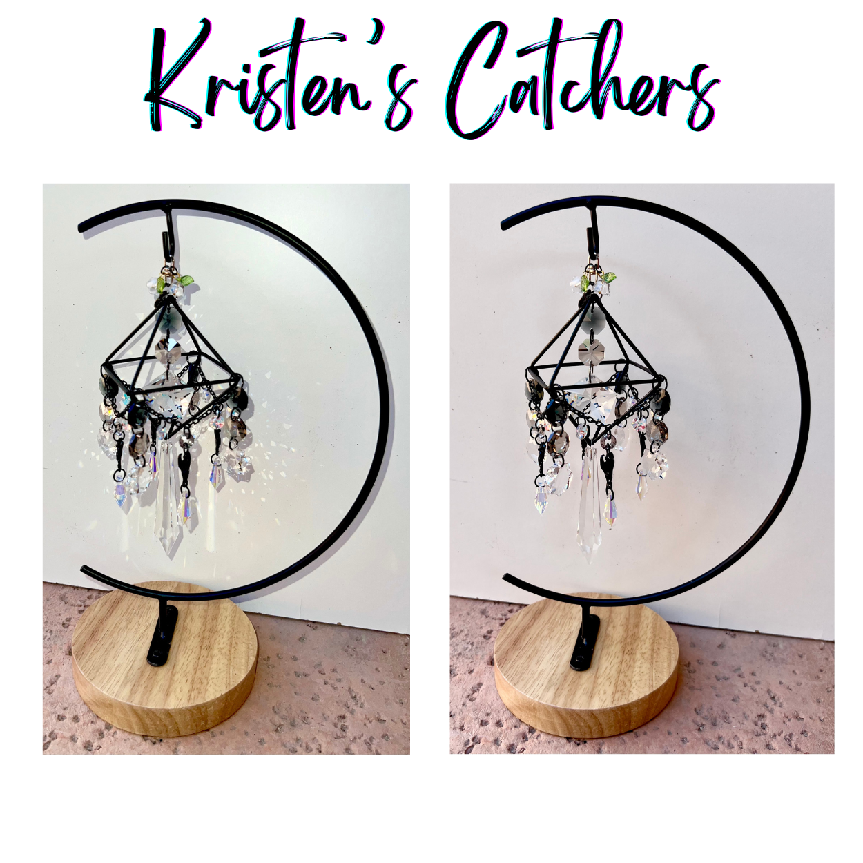 Gothic desk catcher featuring geometric wire frame with bat charms and clear sunburst prisms displayed on wooden stand