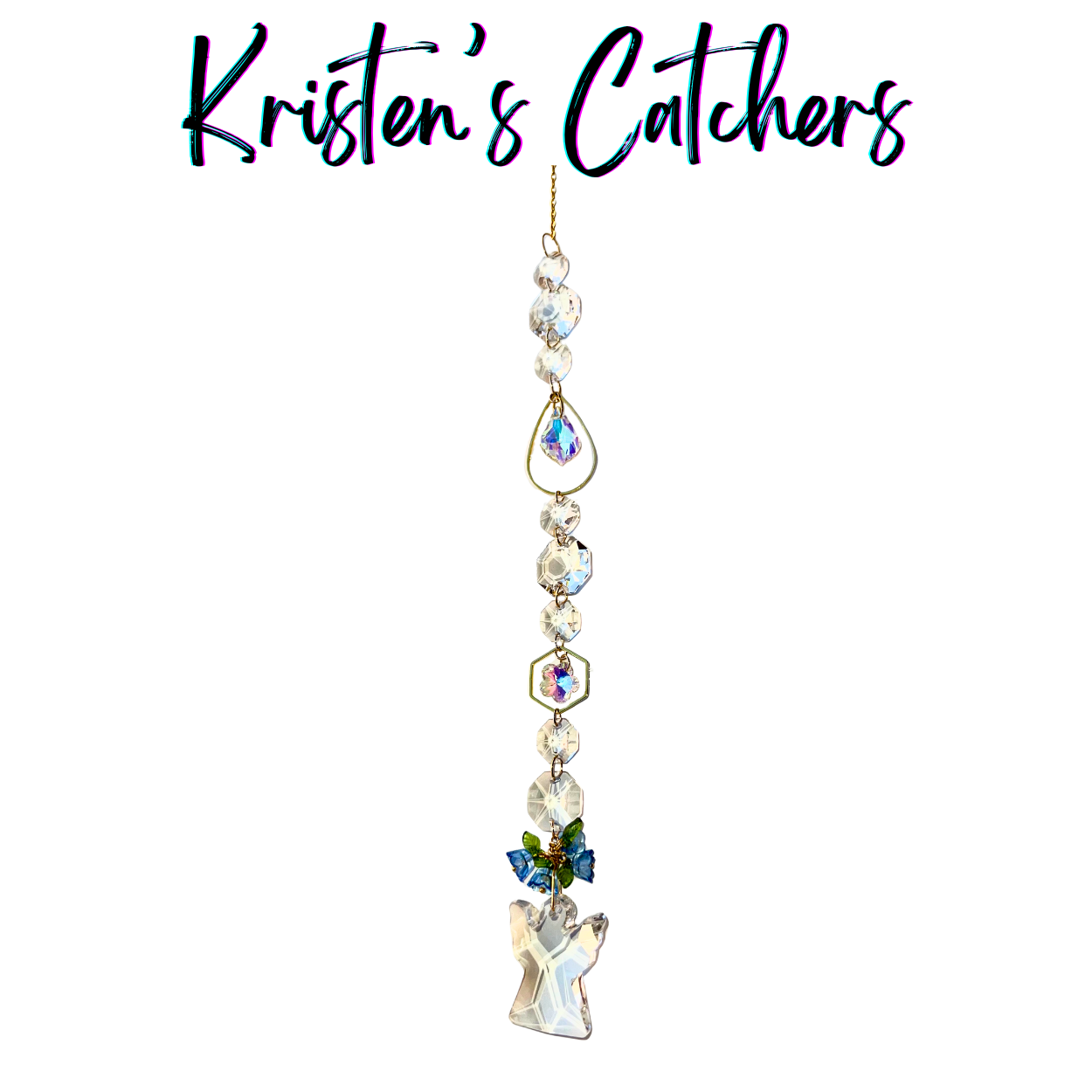Heavenly angel sun catcher with small angel centerpiece, blue flower accents, and clear prisms hanging against white background
