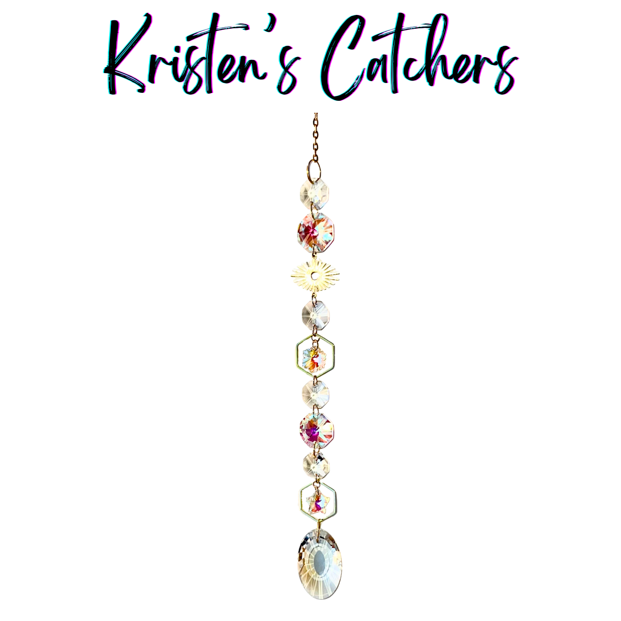 Geometric single strand sun catcher with hexagonal frames containing flower and star elements, clear and champagne prisms, and golden starburst centerpiece