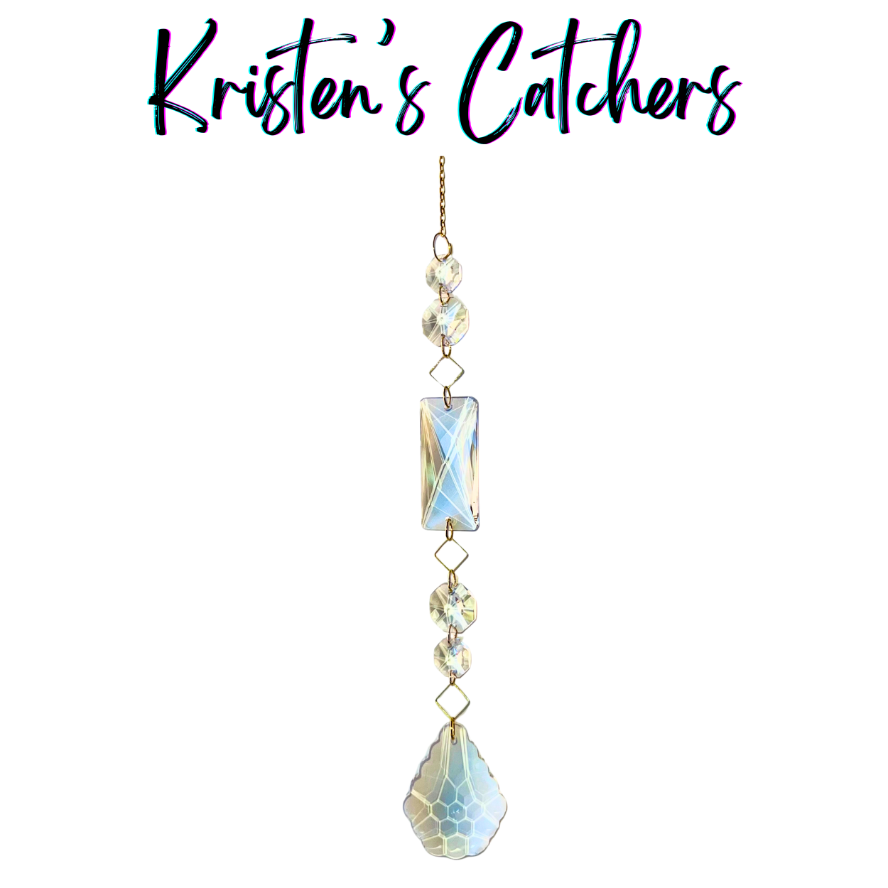 Classic single strand sun catcher with gold square frame connectors, clear octagonal prisms, and large teardrop centerpiece hanging against white background