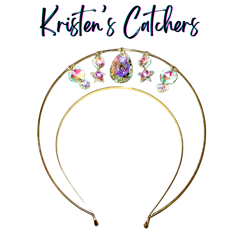 Single layer gold wire halo goddess crown hand-adorned with iridescent A/B star shaped crystals, soft-edged triangle crystals, and a large A/B teardrop center stone