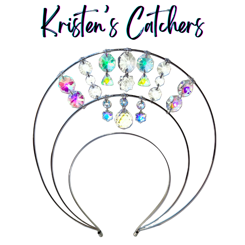 Double layer silver wire halo goddess crown hand-adorned with iridescent A/B octagon crystals on the outer arc, A/B rivoli and triangle crystals, snowflake shaped crystals, and a clear faceted ball center drop